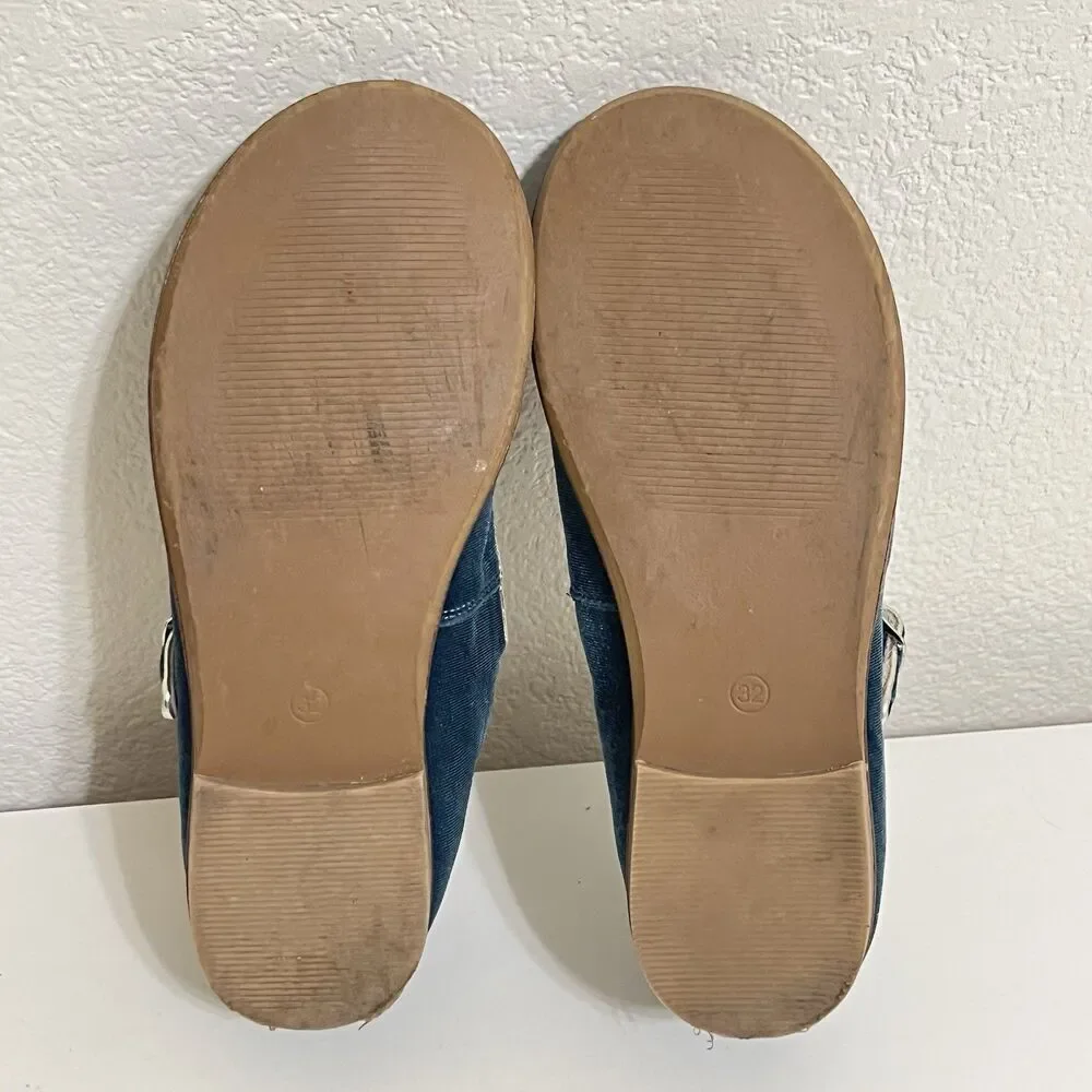Mini Boden Blue Velvet Mary Jane Shoes Buckle Flats Girls Size 32 US 13.5